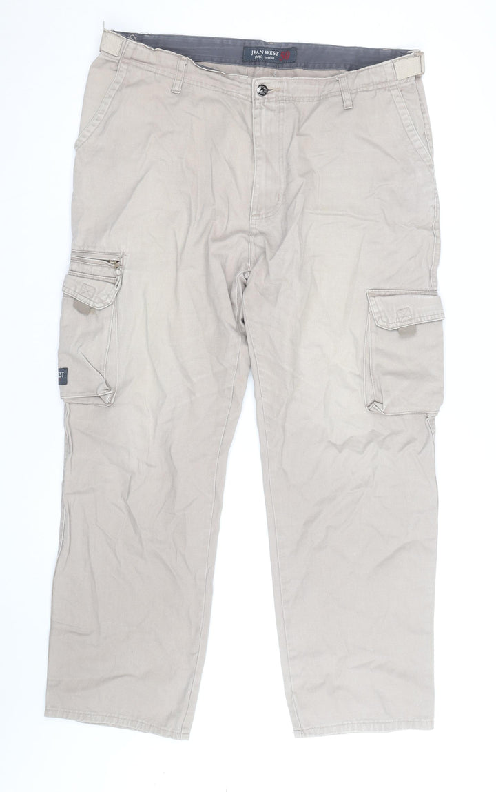 Jean West Men's Beige Cargo Trousers 2XL 50in Cotton Relaxed Fit