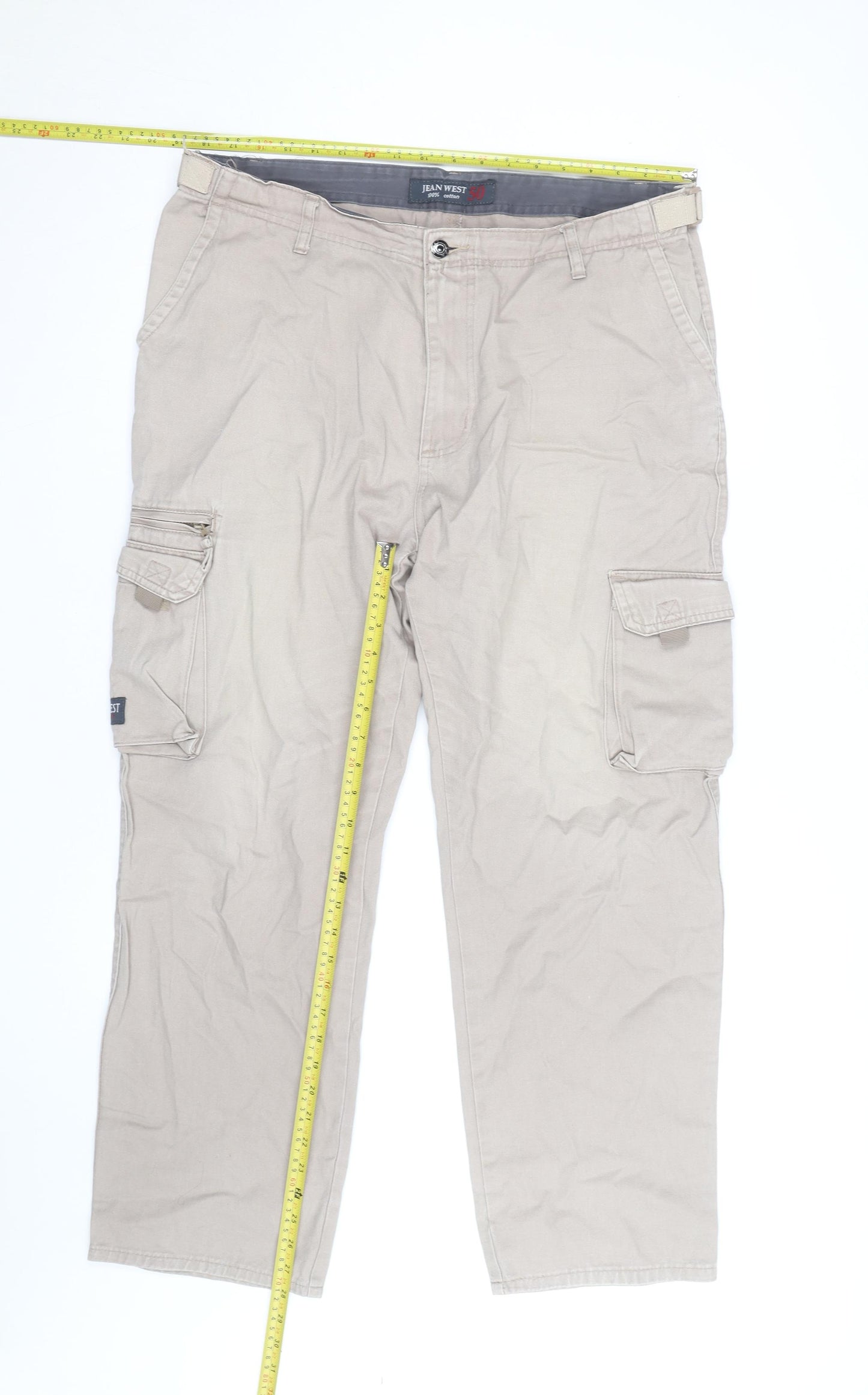 Jean West Men's Beige Cargo Trousers 2XL 50in Cotton Relaxed Fit