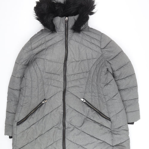 George Men’s Grey XL Puffer Coat with Hood and Faux Fur Trim