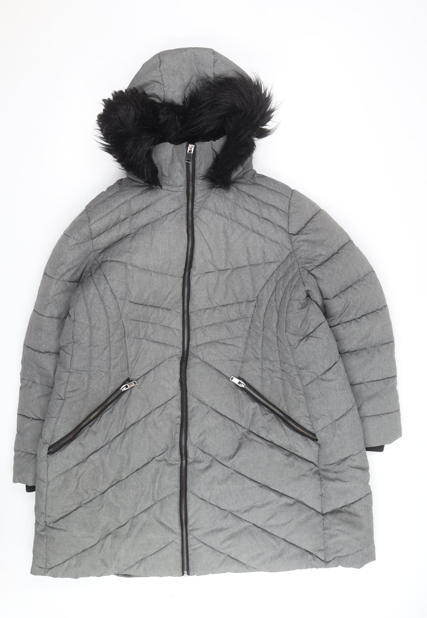 George Men’s Grey XL Puffer Coat with Hood and Faux Fur Trim