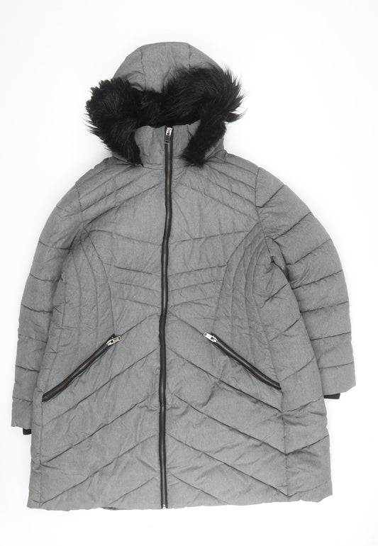 George Men’s Grey XL Puffer Coat with Hood and Faux Fur Trim
