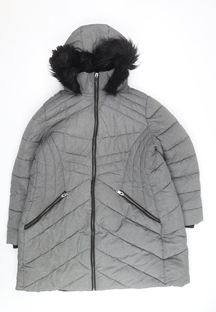George Men’s Grey XL Puffer Coat with Hood and Faux Fur Trim