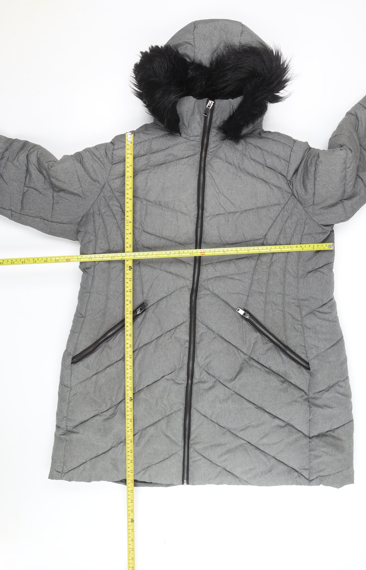 George Men’s Grey XL Puffer Coat with Hood and Faux Fur Trim