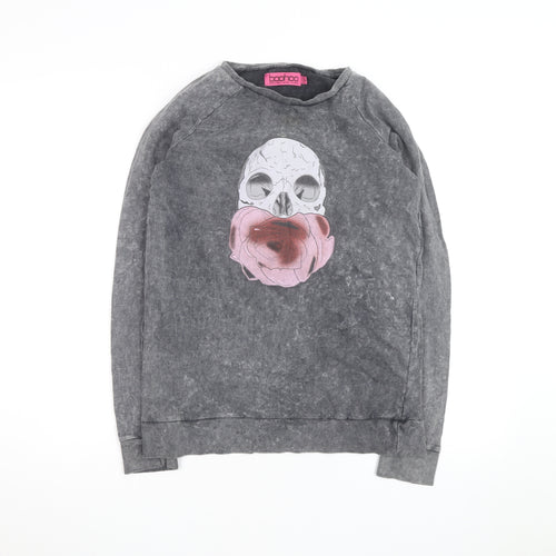 Boohoo Womens Grey Skull Floral Graphic Pullover Sweatshirt UK 10