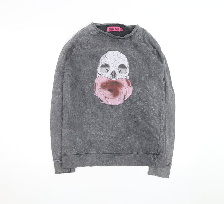 Boohoo Womens Grey Skull Floral Graphic Pullover Sweatshirt UK 10