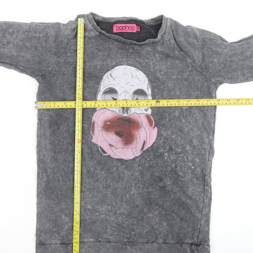 Boohoo Womens Grey Skull Floral Graphic Pullover Sweatshirt UK 10