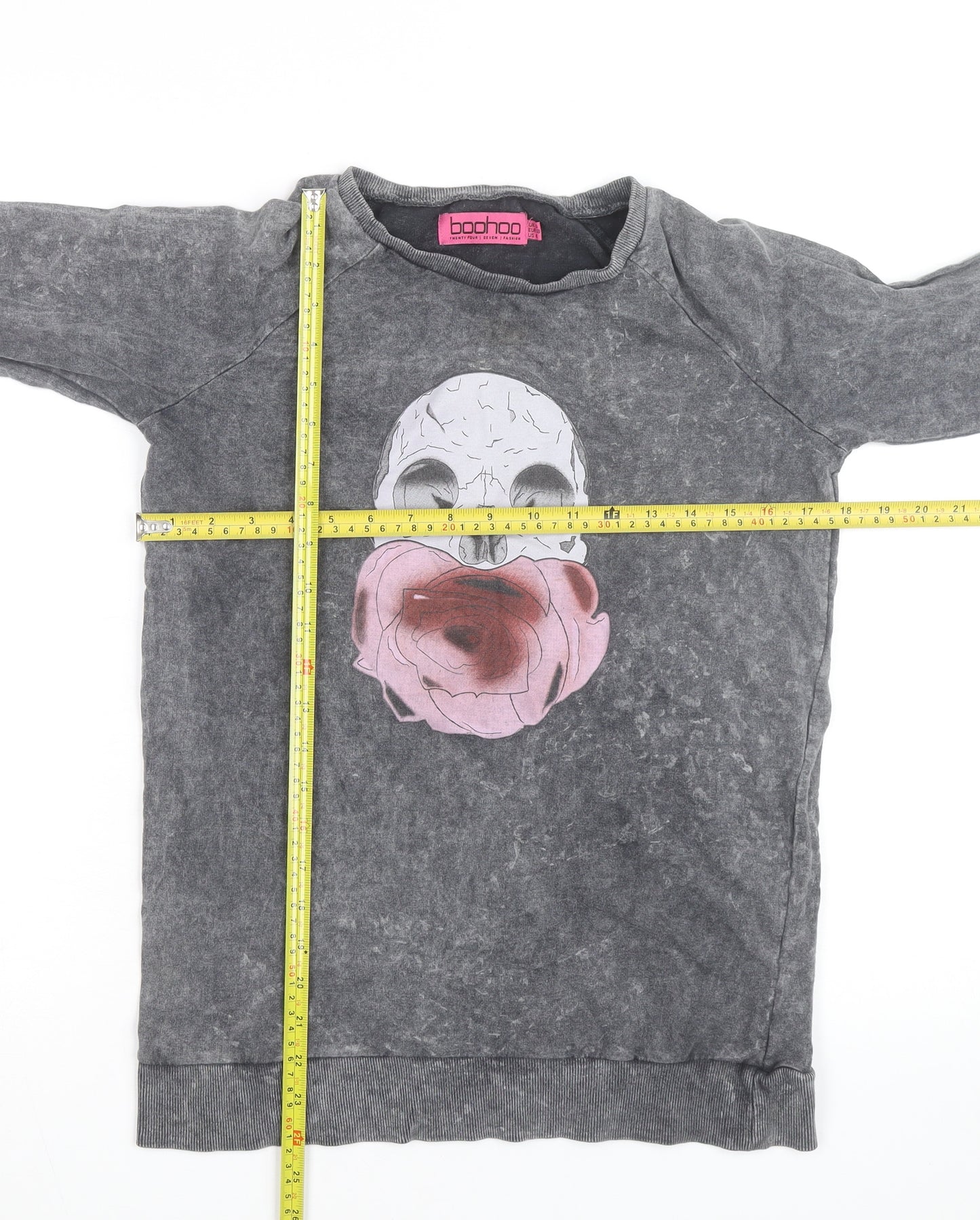 Boohoo Womens Grey Skull Floral Graphic Pullover Sweatshirt UK 10