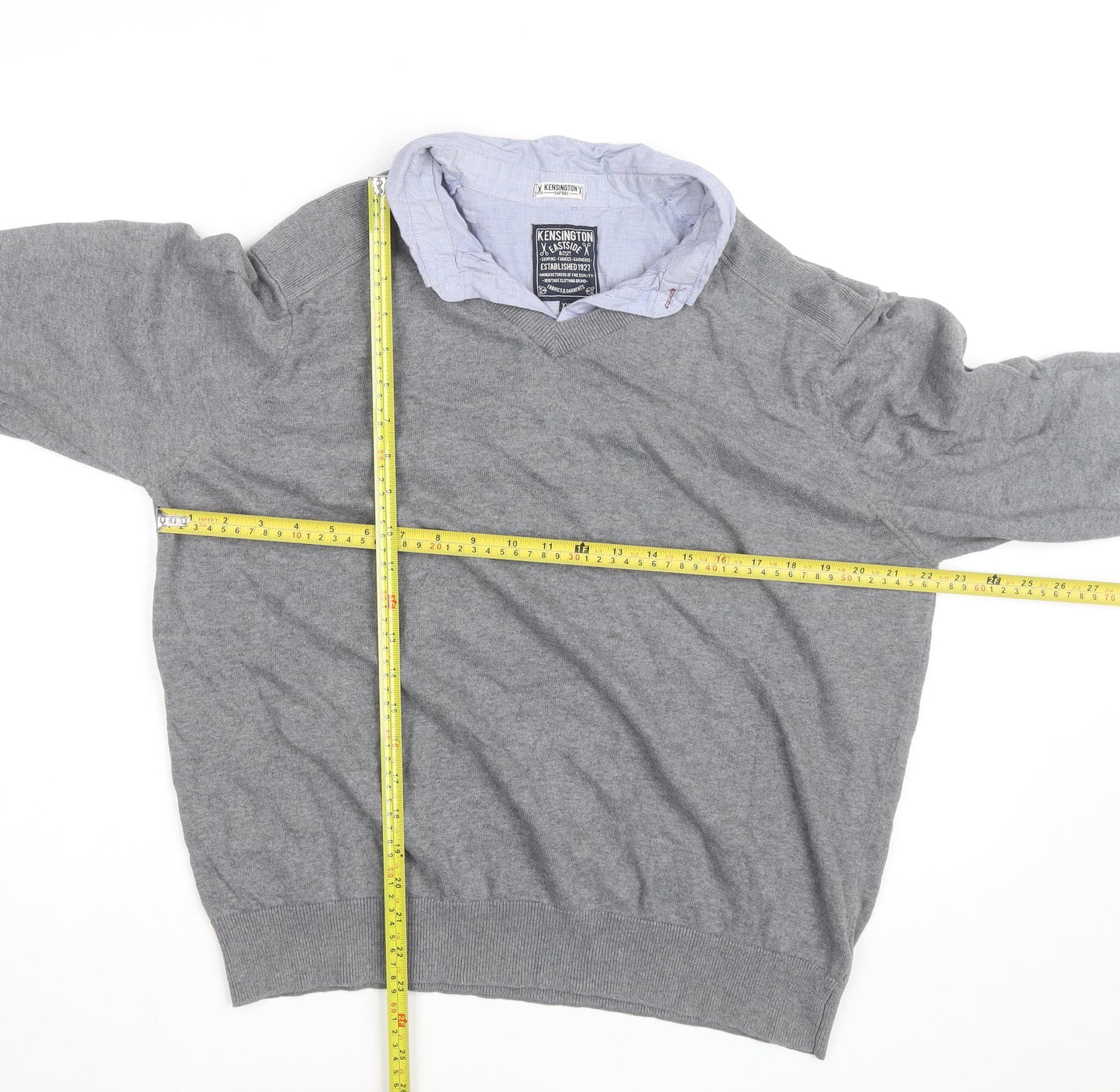 Kensington Eastside Men's Grey 2XL V-Neck Cotton Jumper