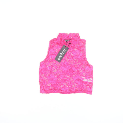 Boohoo Womens Pink Lace Cropped Tank Top Size 10 High Neck