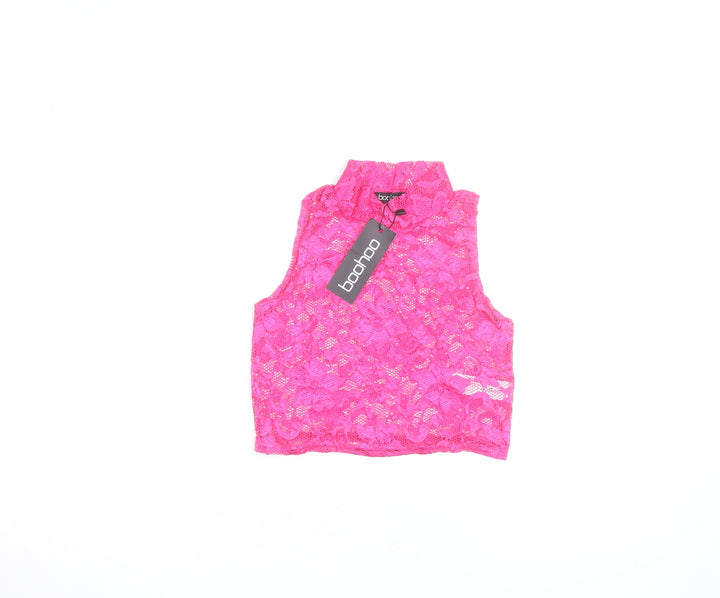 Boohoo Womens Pink Lace Cropped Tank Top Size 10 High Neck