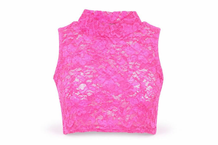 Boohoo Womens Pink Lace Cropped Tank Top Size 10 High Neck
