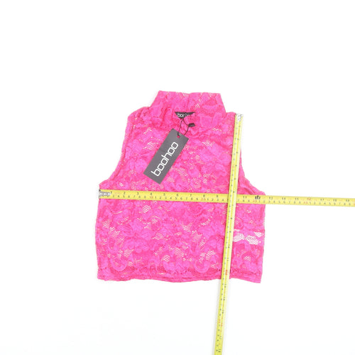 Boohoo Womens Pink Lace Cropped Tank Top Size 10 High Neck