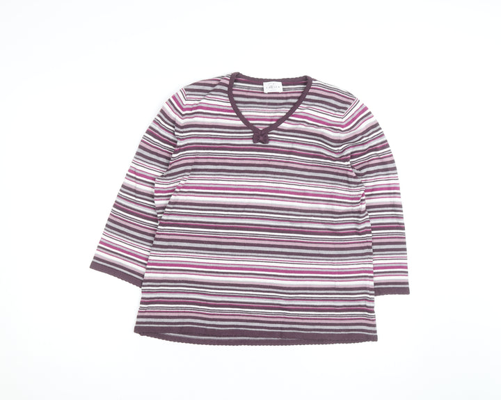 Eastex Women’s Multicoloured Striped V-Neck 3/4 Sleeve Jumper Size 16