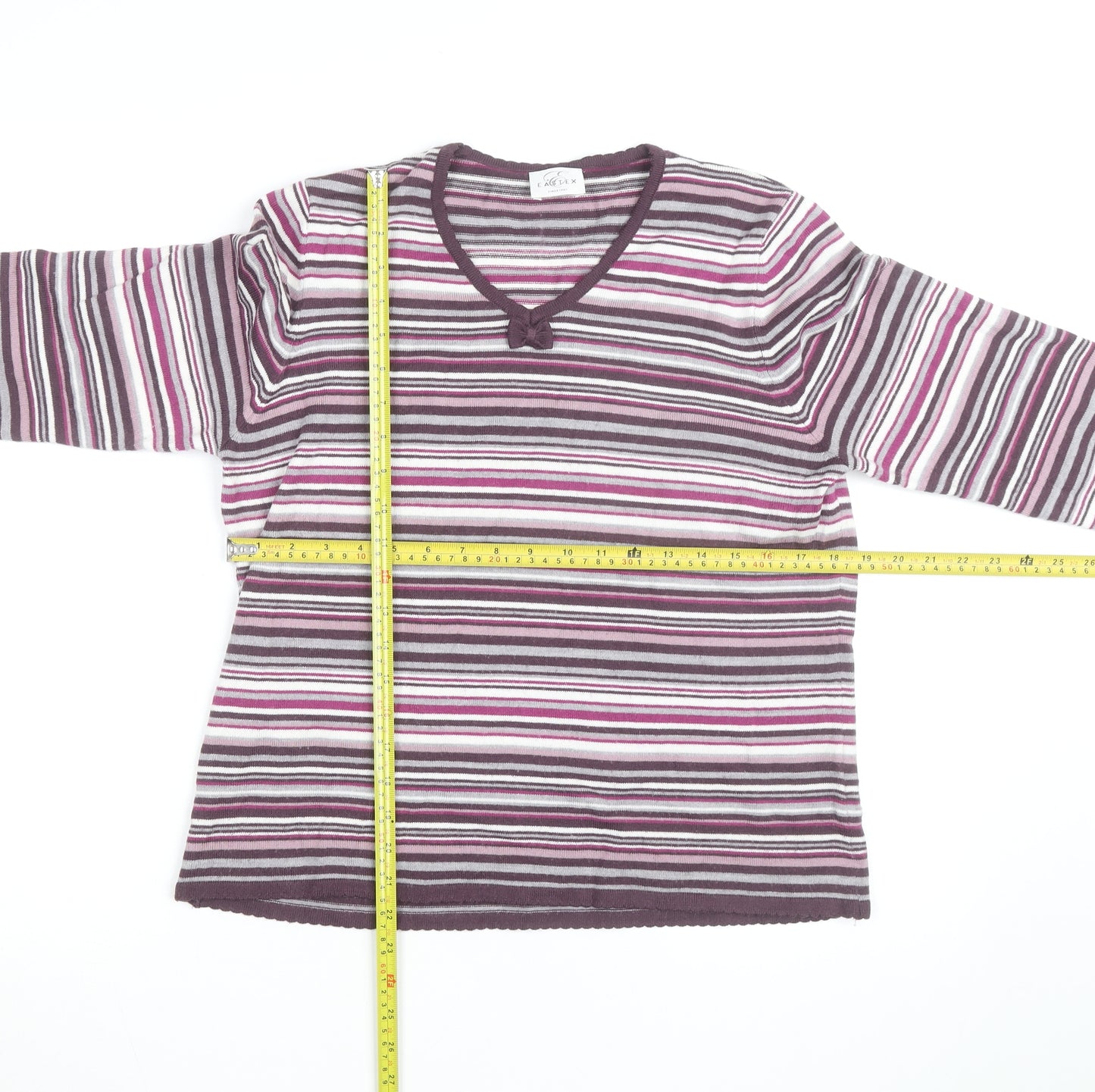 Eastex Women’s Multicoloured Striped V-Neck 3/4 Sleeve Jumper Size 16