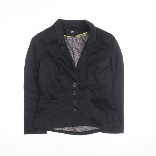 H&M Women Black Cotton Blend Blazer Jacket Size 2 Regular