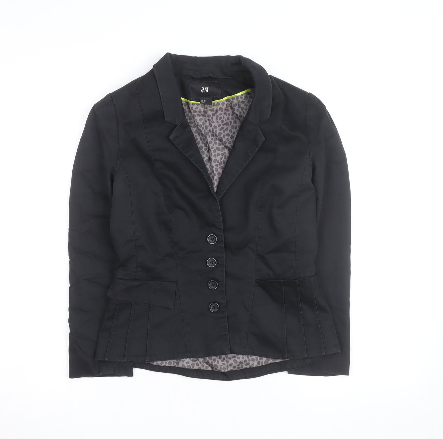 H&M Women Black Cotton Blend Blazer Jacket Size 2 Regular