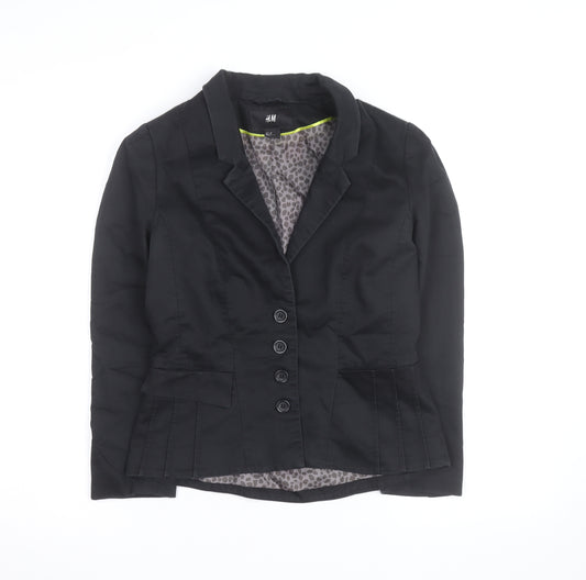 H&M Women Black Cotton Blend Blazer Jacket Size 2 Regular
