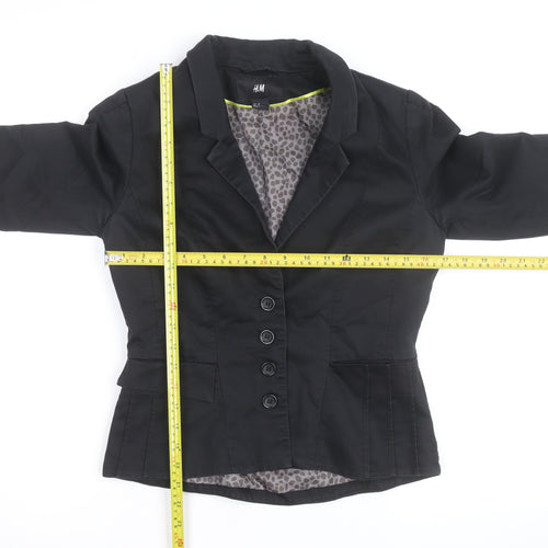 H&M Women Black Cotton Blend Blazer Jacket Size 2 Regular