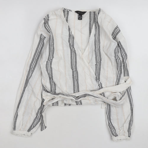 New Look Women's White Striped Wrap Blouse Size 6 Long Sleeve