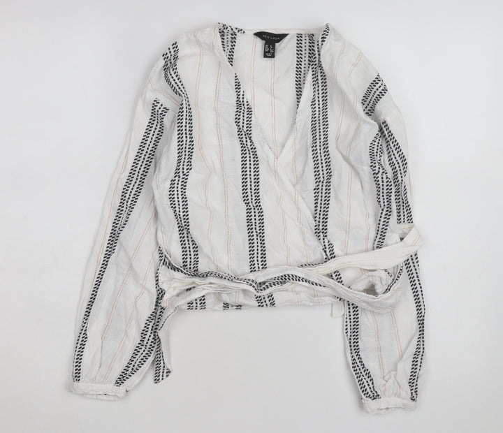 New Look Women's White Striped Wrap Blouse Size 6 Long Sleeve