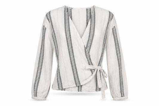 Front view of New Look Women's White Striped Wrap Blouse, size 6, Long Sleeve