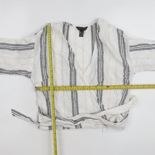 New Look Women's White Striped Wrap Blouse Size 6 Long Sleeve