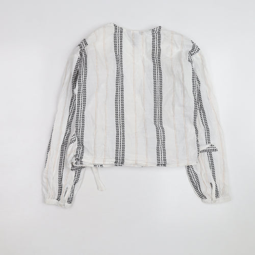 New Look Women's White Striped Wrap Blouse Size 6 Long Sleeve