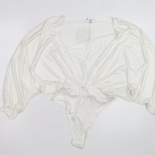 Missguided Women Ivory Satin Bodysuit UK 8 Long Sleeve Deep V Wrap Style