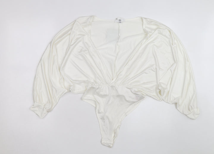 Missguided Women Ivory Satin Bodysuit UK 8 Long Sleeve Deep V Wrap Style