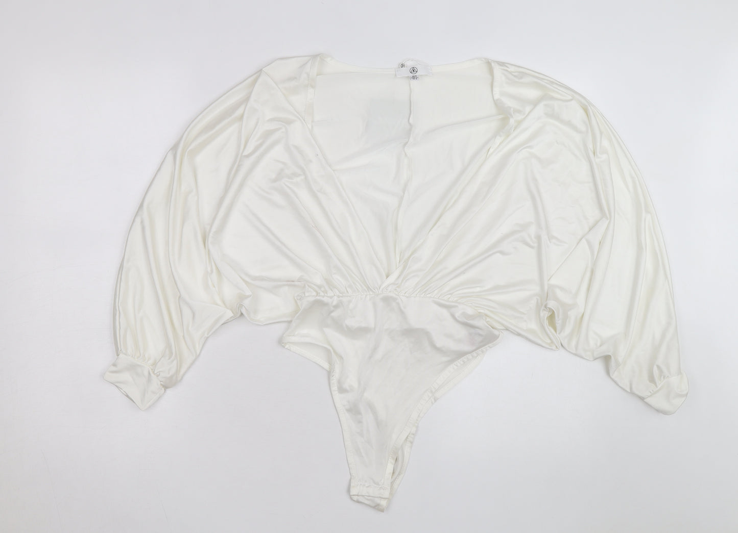 Missguided Women Ivory Satin Bodysuit UK 8 Long Sleeve Deep V Wrap Style