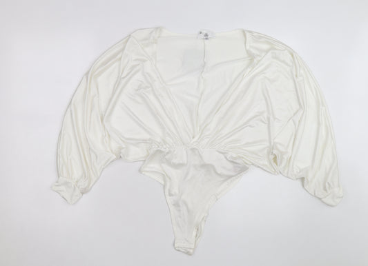 Missguided Women Ivory Satin Bodysuit UK 8 Long Sleeve Deep V Wrap Style