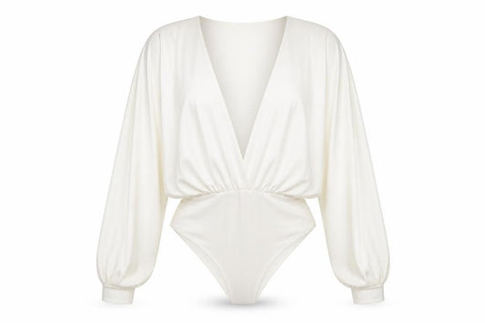 Missguided Women Ivory Satin Bodysuit UK 8 Long Sleeve Deep V Wrap Style
