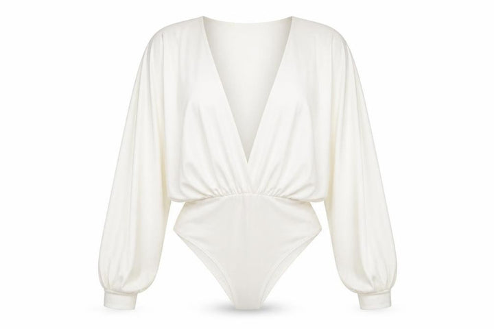 Missguided Women Ivory Satin Bodysuit UK 8 Long Sleeve Deep V Wrap Style