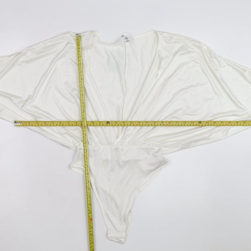Missguided Women Ivory Satin Bodysuit UK 8 Long Sleeve Deep V Wrap Style