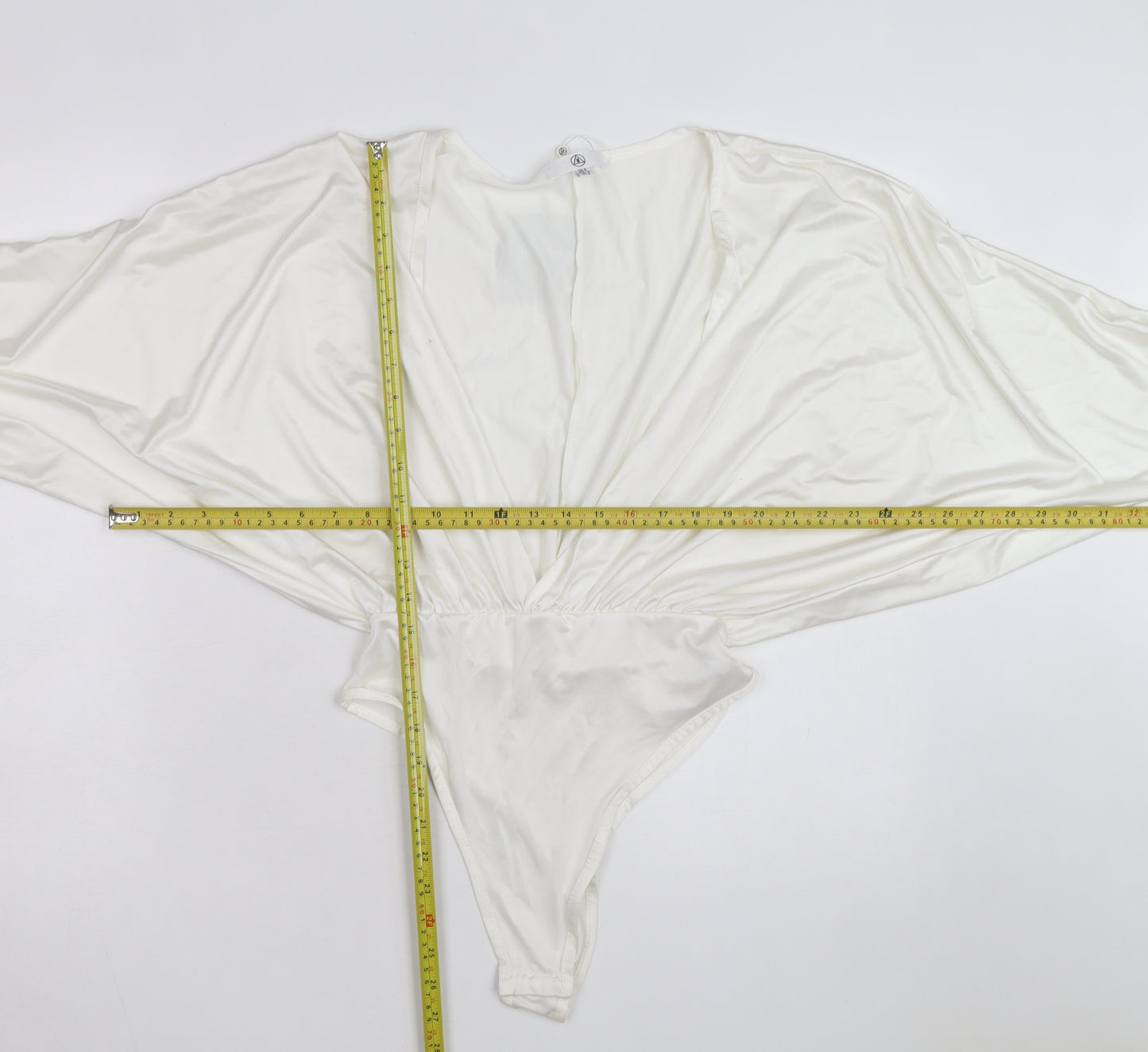 Missguided Women Ivory Satin Bodysuit UK 8 Long Sleeve Deep V Wrap Style
