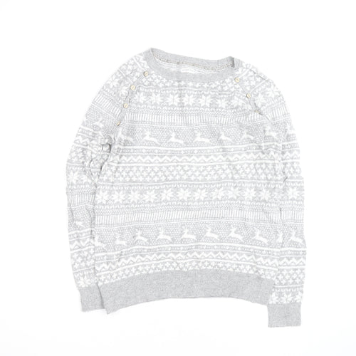 Mantaray Women's Grey Fair Isle Button Crew Neck Jumper Size 14
