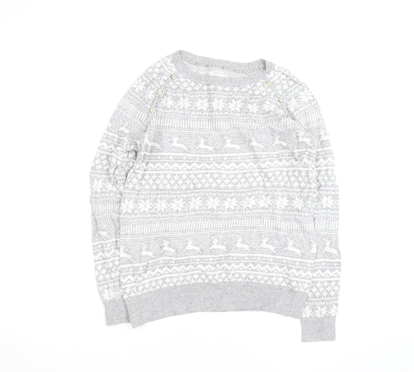 Mantaray Women's Grey Fair Isle Button Crew Neck Jumper Size 14