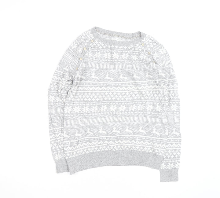 Mantaray Women's Grey Fair Isle Button Crew Neck Jumper Size 14