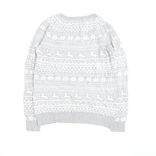 Mantaray Women's Grey Fair Isle Button Crew Neck Jumper Size 14