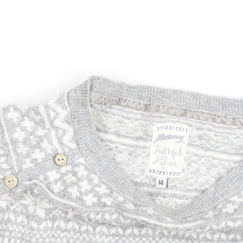 Mantaray Women's Grey Fair Isle Button Crew Neck Jumper Size 14