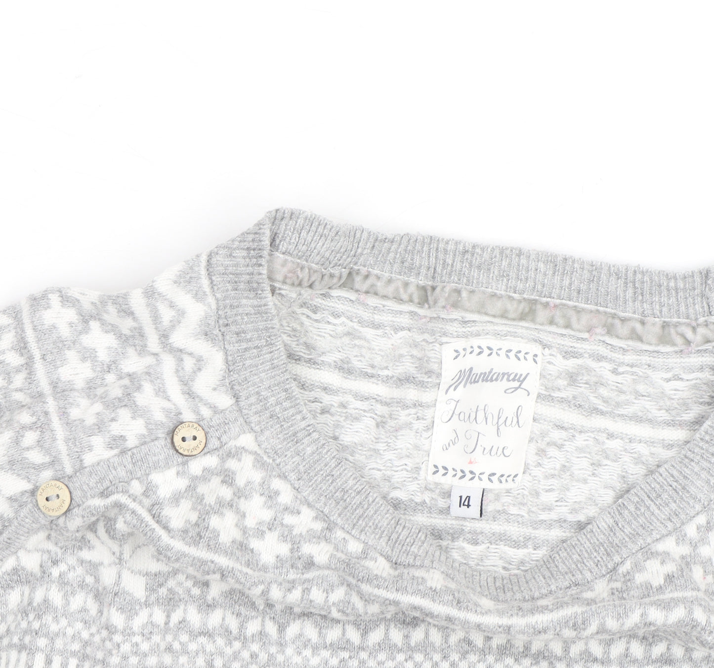 Mantaray Women's Grey Fair Isle Button Crew Neck Jumper Size 14