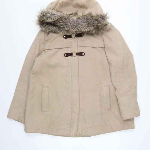 Debenhams Women’s Beige Faux Fur Hooded Duffle Coat Size 14