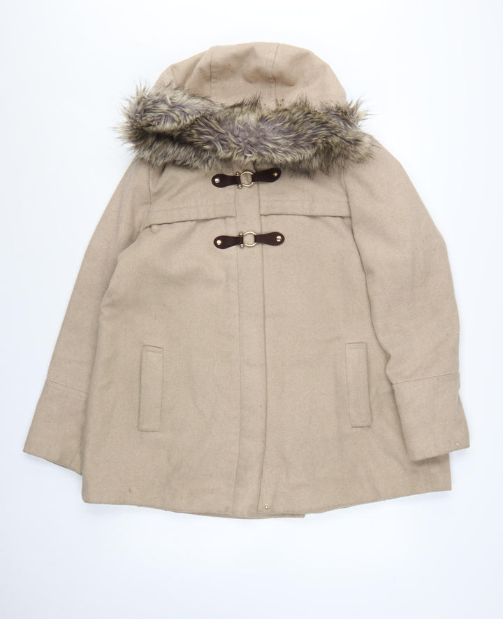 Debenhams Women’s Beige Faux Fur Hooded Duffle Coat Size 14