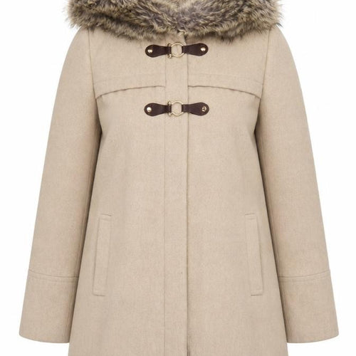 Debenhams Women’s Beige Faux Fur Hooded Duffle Coat Size 14
