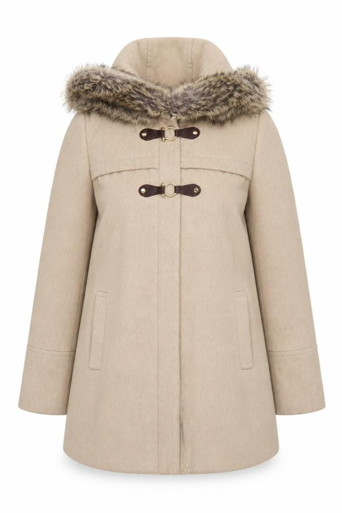 Debenhams Women’s Beige Faux Fur Hooded Duffle Coat Size 14