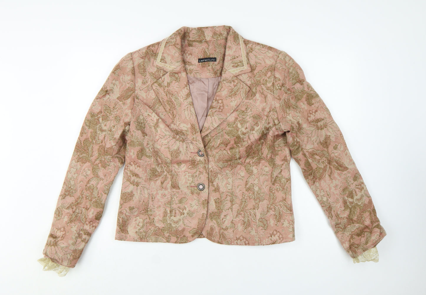 Laura Studio Women's Beige Pink Floral Jacquard Blazer Size 12 Classic Fit