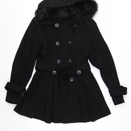Warehouse Women's Black Wool Blend Belted Pea Coat UK 12