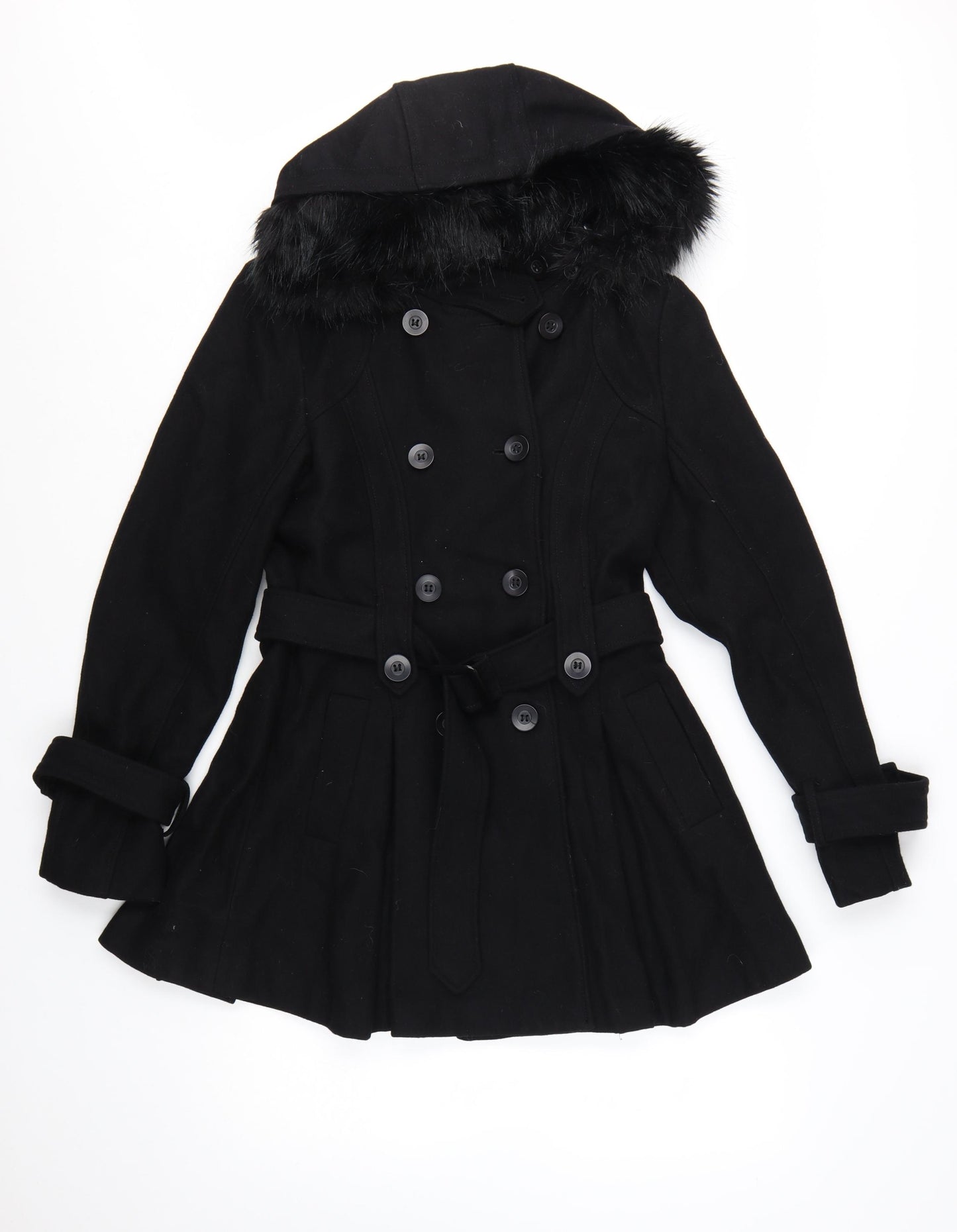 Warehouse Women's Black Wool Blend Belted Pea Coat UK 12