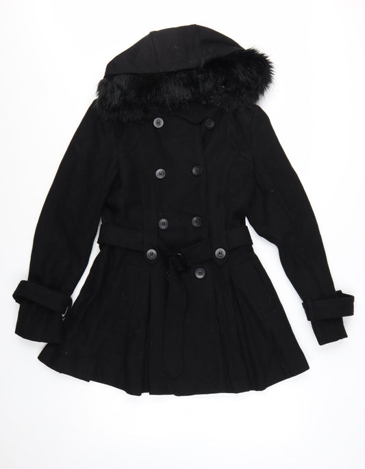 Warehouse Women's Black Wool Blend Belted Pea Coat UK 12