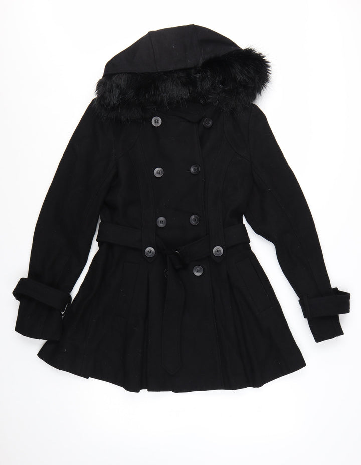 Warehouse Women's Black Wool Blend Belted Pea Coat UK 12